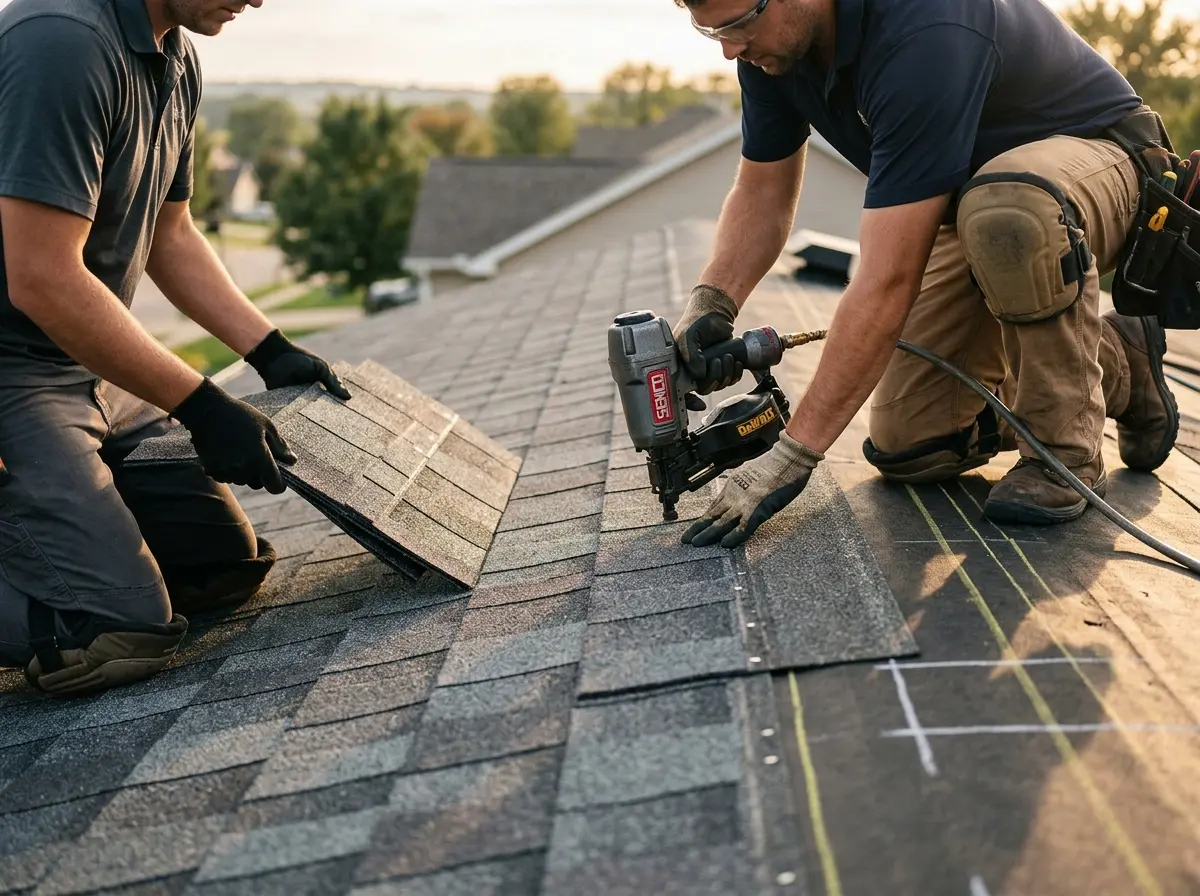 Professional roofer working on a residential roof in Pittsburgh